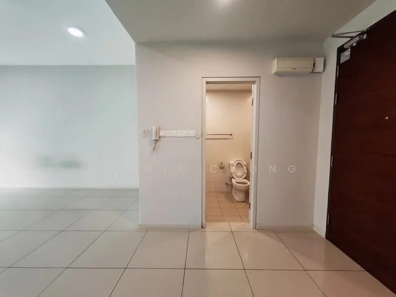 Room features: white painted walls, tile flooring, 1 wall-mounted split AC, doorway leading to bathroom, light fixture in ceiling, neutral color scheme; style: modern.