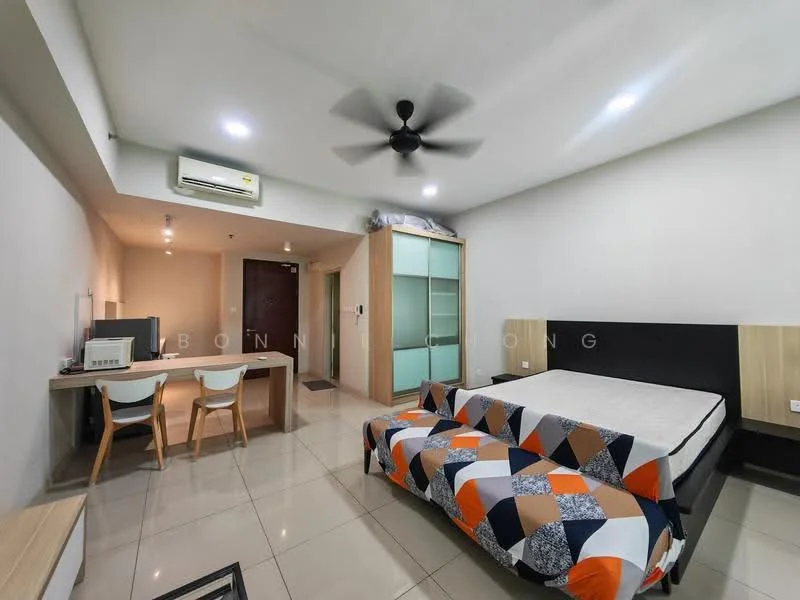Room features: queen-size bed, upholstered headboard, ceiling fan, wall-mounted air conditioning unit, desk with chair, TV console, built-in wardrobe with sliding doors, tile flooring, neutral wall color, decorative wall paneling, window with natural light; style: modern.