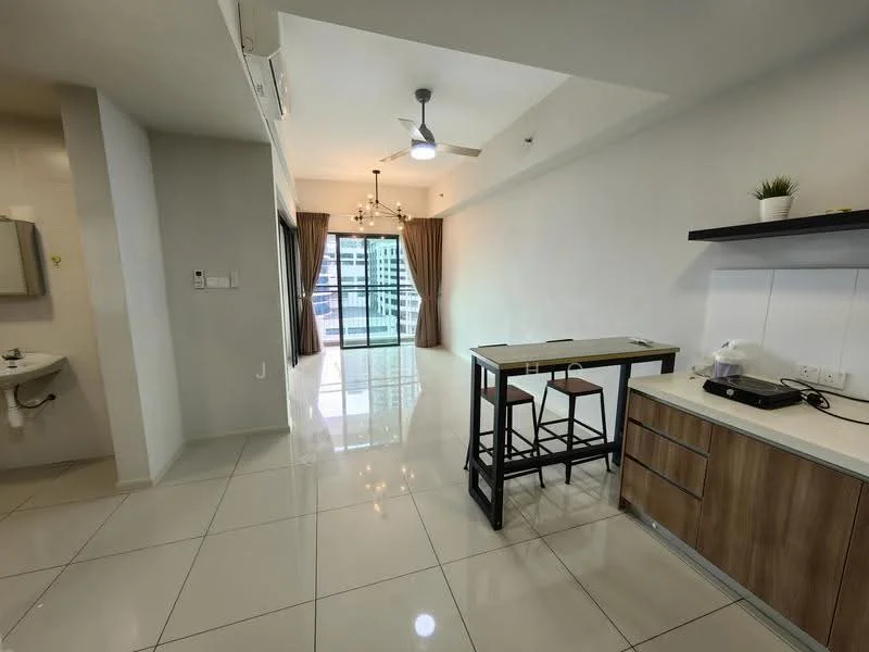 Living features: white painted walls, glossy ceramic tile flooring, 5-blade ceiling fan with light, large sliding glass door, floor-to-ceiling windows, curtains, chandelier, open shelving, wood cabinetry, breakfast bar with stools; style: modern; view: city. Room features: white painted walls, ceramic tile flooring, wall-mounted sink, mirror.
