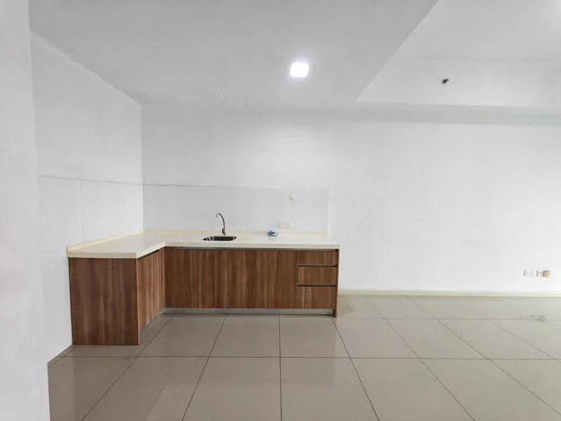 Kitchen features: single-bowl stainless-steel sink, chrome pull-down faucet, laminate countertop in beige, wood cabinetry with drawers, white tiled backsplash, ceramic tile flooring, recessed downlights, open layout; style: modern.