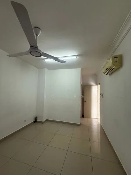 Room features: white painted walls, tile flooring, ceiling fan, wall-mounted split AC, fluorescent ceiling light, doorway leading to another room.