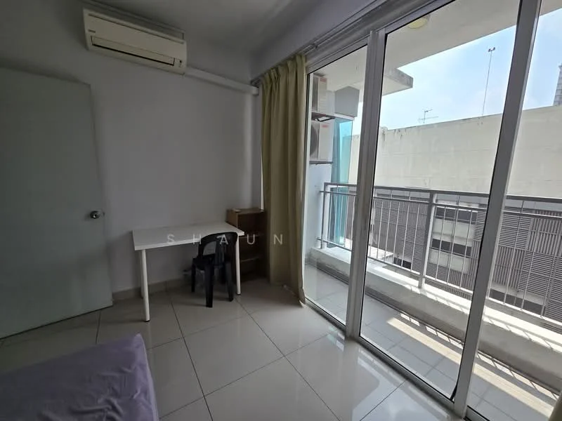 Room features: white painted walls, tile flooring, floor-to-ceiling sliding glass door, balcony with railing, air conditioning unit, desk with chair, curtains, natural light from windows; style: modern; view: city.