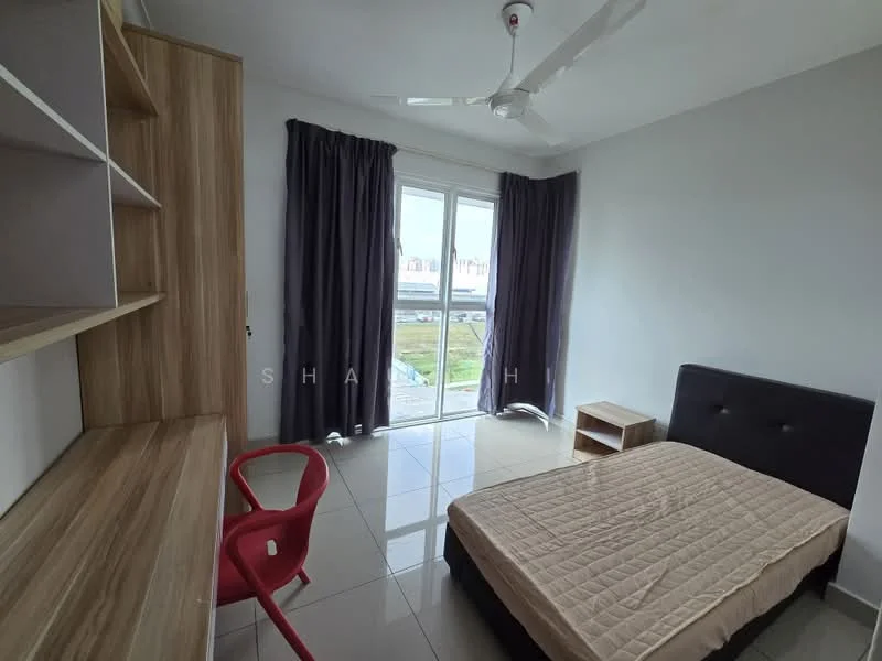 Bedroom features: queen-size bed, upholstered headboard, bedside table, study desk, red plastic chair, floor-to-ceiling windows, grey curtains, tile flooring, ceiling fan with light; style: modern; view: garden.