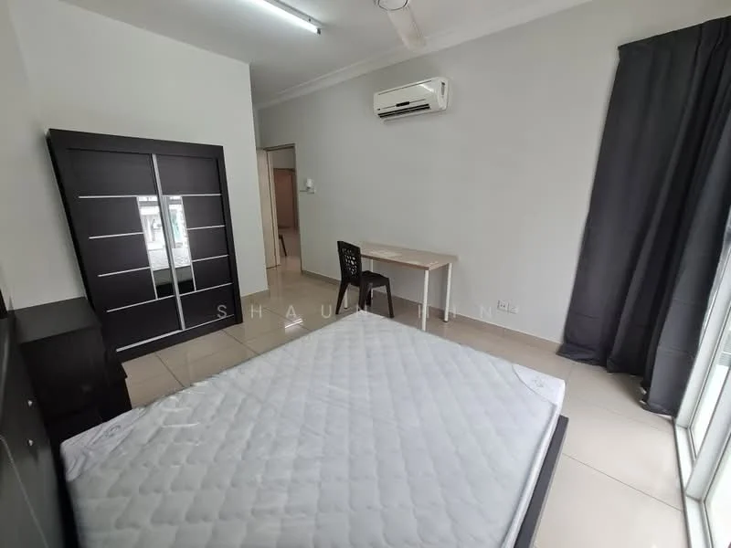Bedroom features: queen-size bed, upholstered headboard, built-in wardrobe with sliding doors, study desk, black chair, wall-mounted split AC, grey painted walls, tile flooring, floor-to-ceiling window with sheer curtains; style: modern.