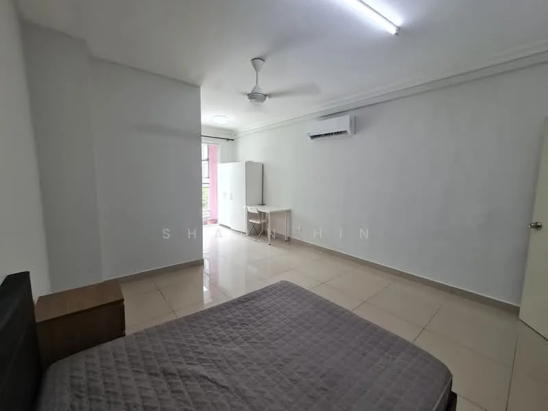 Bedroom features: white painted walls, tile flooring, 5-blade ceiling fan, wall-mounted split AC, double wardrobe, study desk, chair, queen-size bed, window with natural light; style: modern.