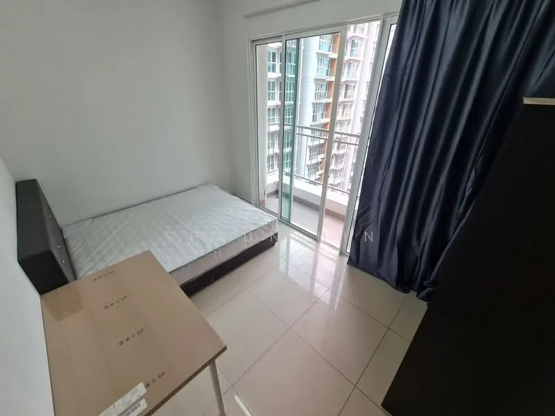 Bedroom features: single bed frame without mattress, floor-to-ceiling sliding glass door, balcony access, white painted walls, glossy tile flooring, dark wood wardrobe, light-colored desk, curtains in dark blue fabric; style: modern; view: city.
