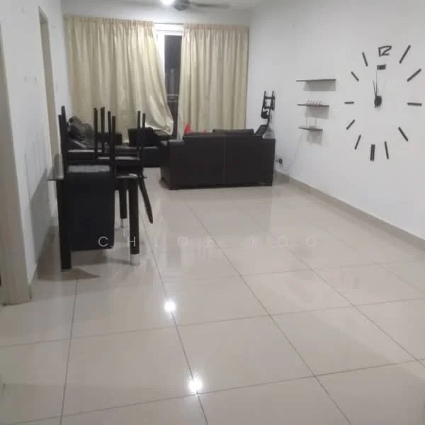 Living features: cream painted walls, glossy ceramic tile flooring, 5-blade ceiling fan, sofa in dark brown, coffee table, wall clock, floor-to-ceiling windows with sheer curtains, open layout; style: modern.