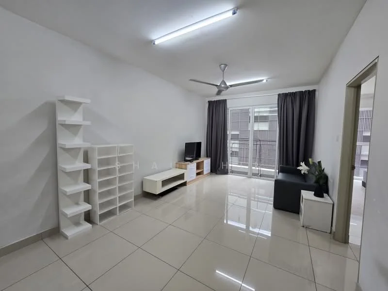 Living features: white painted walls, glossy tile flooring, 5-blade ceiling fan with light, sofa in dark grey, TV console in white, wall-mounted TV, open shelving unit in white, curtains in dark grey, floor-to-ceiling windows, sliding glass door, decorative plant in vase; style: modern.
