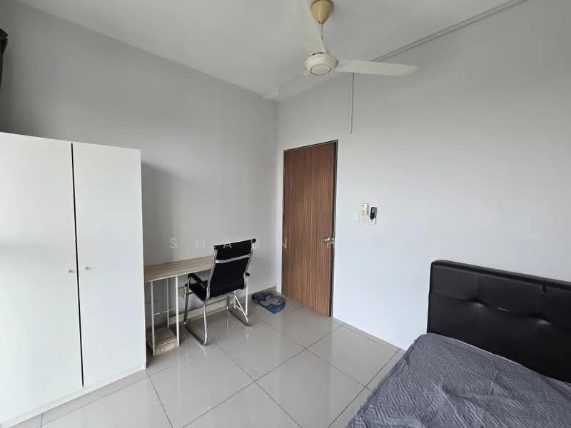 Bedroom features: white painted walls, grey tiled flooring, 5-blade ceiling fan, black upholstered bed, wooden door, white wardrobe with sliding doors, study desk with chair, window with no visible treatment; style: modern.