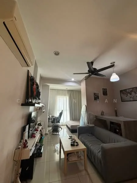 Living features: 3-seater fabric sofa in grey, coffee table, wall-mounted TV, TV console, 5-blade ceiling fan with light, recessed downlights, cream painted walls, tile flooring, floor-to-ceiling windows with sheer curtains, decorative wall art, area rug; style: modern.