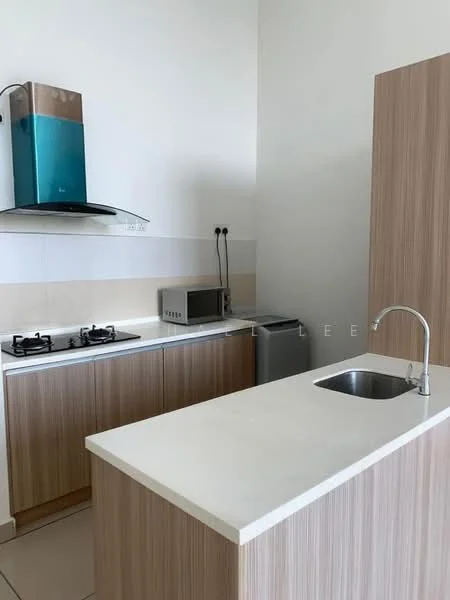 Kitchen features: single-bowl stainless-steel sink, chrome pull-down faucet, white countertop, wood cabinetry, built-in gas hob with 2 burners, built-in microwave, stainless-steel range hood, refrigerator with blue finish, tile backsplash, neutral tile flooring; style: modern.