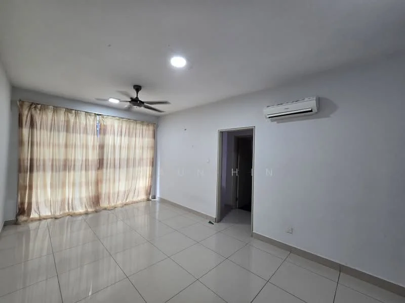Room features: white painted walls, glossy ceramic tile flooring, 5-blade ceiling fan with light, floor-to-ceiling windows with sheer curtains, wall-mounted split AC, doorway leading to another room, neutral color scheme, natural light from windows; style: modern.