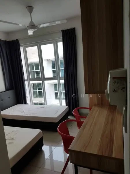 Bedroom features: 2 single beds, black upholstered bed frame, white mattress, floor-to-ceiling windows, grey curtains, ceiling fan, wooden study desk, 2 red chairs, glossy tile flooring, wooden wardrobe, neutral wall colour; style: modern.