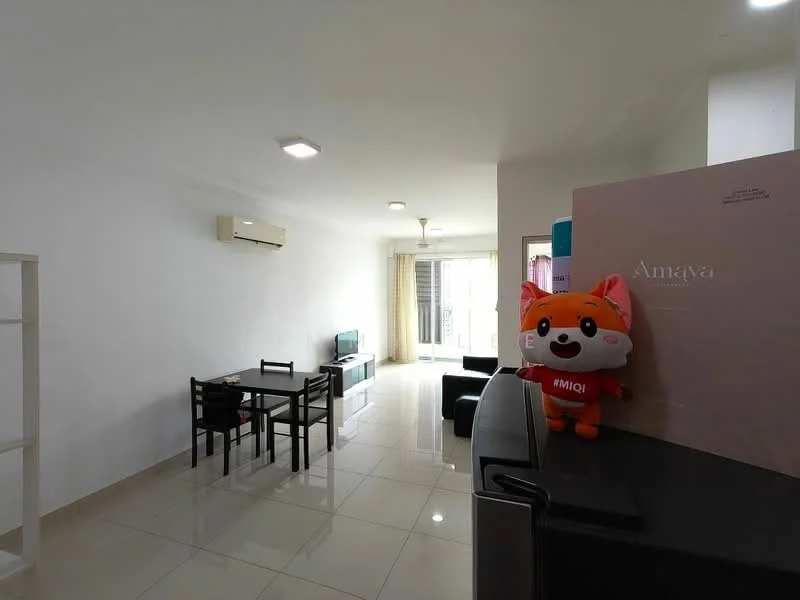 Living features: white painted walls, glossy tile flooring, recessed downlights, wall-mounted split AC, sofa, TV console, freestanding TV cabinet, dining table with chairs, floor-to-ceiling windows, curtains, decorative items; style: modern.