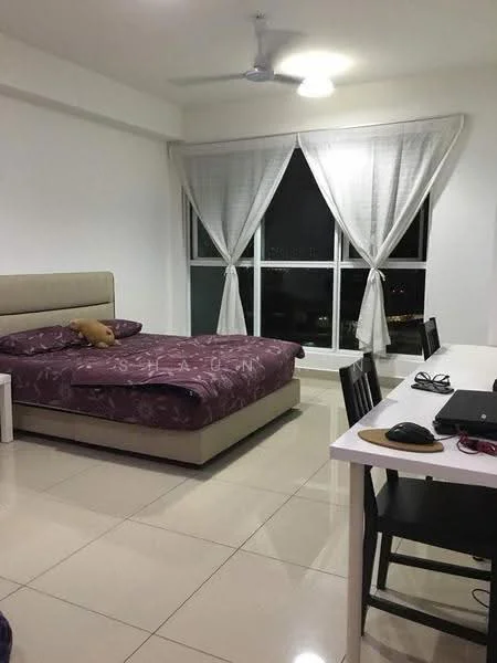 Bedroom features: king-size bed with upholstered headboard, purple patterned bedspread, floor-to-ceiling windows, sheer white curtains, ceiling fan, white painted walls, glossy tile flooring, study desk with black chair, computer monitor, mouse and keyboard on desk; style: modern; view: city.