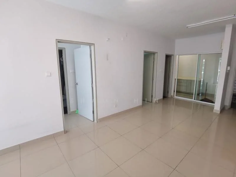Room features: white painted walls, glossy ceramic tile flooring, sliding glass door, door frames, light ceiling, neutral color scheme, open layout, multiple doorways; style: modern.