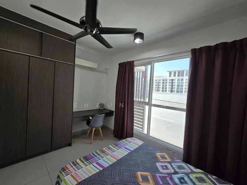 Bedroom features: queen-size bed with patterned bedding, built-in wardrobe with dark wood finish, study desk with chair, floor-to-ceiling windows, sliding glass door, dark curtains, ceiling fan with light, air conditioning unit, tile flooring, neutral wall color; style: modern; view: city.
