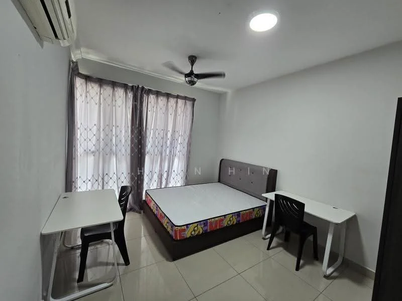Bedroom features: queen-size bed with mattress, 2 study desks with chairs, floor-to-ceiling windows, sheer curtains, 5-blade ceiling fan, wall-mounted split AC, white painted walls, glossy tile flooring, light fixture in ceiling; style: modern.