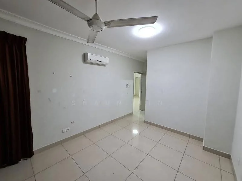 Room features: white painted walls, cream tiled flooring, ceiling fan, wall-mounted split AC, recessed ceiling light, brown curtain, empty wall space, neutral color scheme; style: modern.