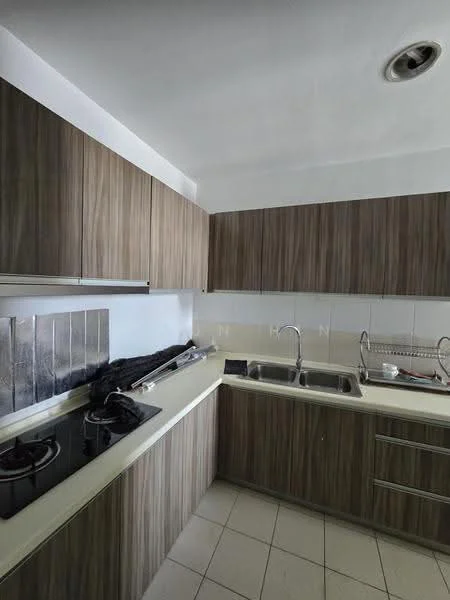 Kitchen features: laminate cabinetry in wood finish, white countertop, double-bowl stainless-steel sink, chrome pull-down faucet, built-in gas hob with two burners, white tiled backsplash, ceramic tile flooring, recessed ceiling lights; style: modern.