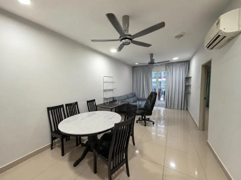 Living features: white painted walls, glossy ceramic tile flooring, 5-blade ceiling fan with light, wall-mounted split AC, sofa in grey fabric, dining table with marble top, 6 black wooden dining chairs, bookshelf, curtains in light grey, floor-to-ceiling windows; style: modern; view: city.