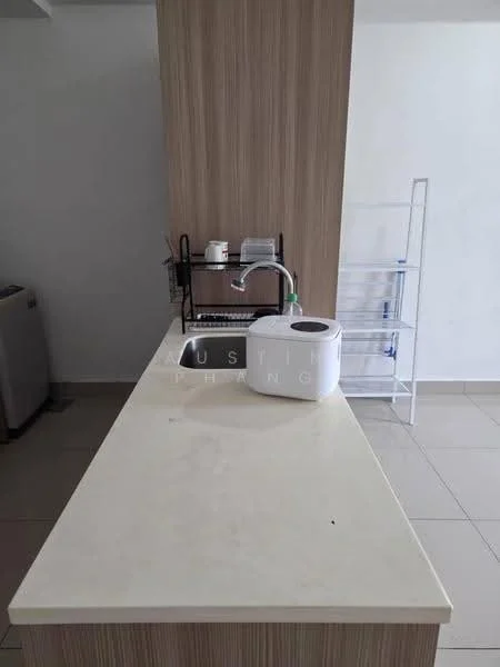 Kitchen features: white countertop, single-bowl stainless-steel sink, chrome pull-down faucet, wood cabinetry, open shelving, tile flooring, kitchen towel holder, dish rack; style: modern.