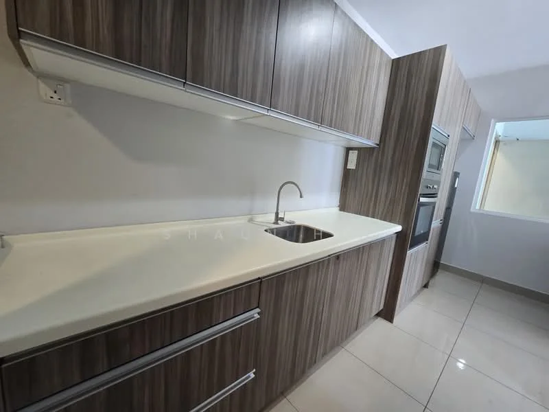 Kitchen features: laminate cabinetry in wood finish, white solid surface countertop, single-bowl stainless-steel sink, chrome pull-down faucet, built-in oven, ceramic tile flooring, recessed downlights, wall-mounted cabinets, open shelving, neutral painted walls; style: modern.