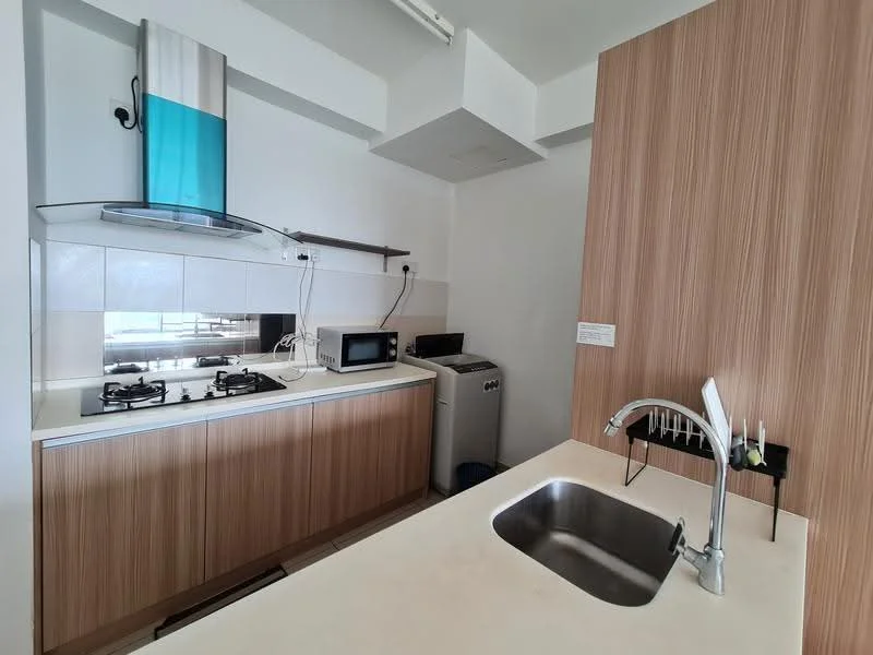 Kitchen features: single-bowl stainless-steel sink, chrome pull-down faucet, white countertop, wood cabinetry with a light wood finish, built-in gas hob with two burners, microwave, refrigerator, tile backsplash, exhaust hood, open shelving, wall-mounted storage rack; style: modern.