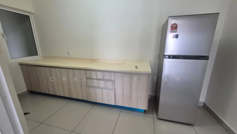 Kitchen features: light wood cabinetry, smooth countertop, stainless-steel fridge, grey tile flooring, single-bowl stainless-steel sink, wall-mounted window, minimalist design, no visible appliances other than fridge; style: modern.