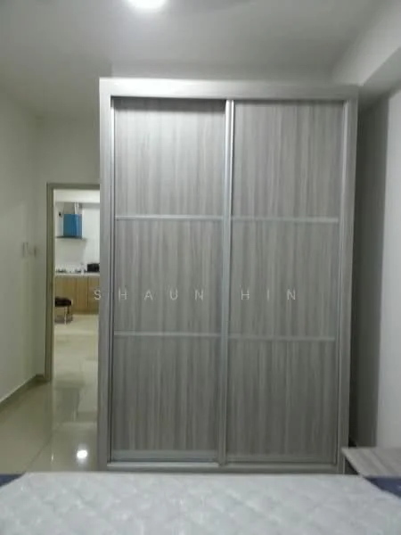 Room features: sliding wardrobe with grey wood finish, glossy floor tiles, neutral wall colour, recessed ceiling lights; style: modern.