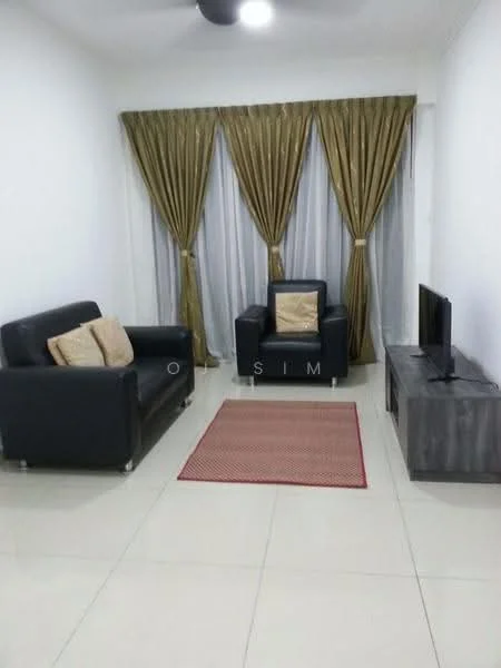 Living features: black leather 3-seater sofa, black leather armchair, decorative cushions, grey TV console, wall-mounted TV, red area rug, cream curtains, sheer white curtains, glossy tiled flooring, ceiling fan; style: modern.