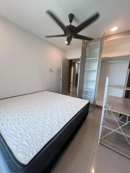 Bedroom features: queen-size bed frame without mattress, 5-blade ceiling fan, white painted walls, glossy tile flooring, built-in wardrobe with sliding doors, open shelving unit, natural light from window, neutral color scheme; style: modern.