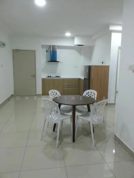 Kitchen features: white painted walls, glossy tile flooring, kitchen cabinets in light wood, stainless-steel fridge, built-in gas stove with blue chimney hood, round dining table with wooden top, 4 white plastic dining chairs, wall-mounted split AC; style: modern.