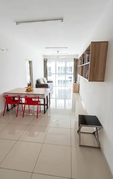 Living features: white painted walls, glossy tile flooring, 5-blade ceiling fan with light, floor-to-ceiling windows, sheer curtains, dining table with 4 red chairs, grey fabric sofa, wooden shelving unit, decorative side table; style: modern.