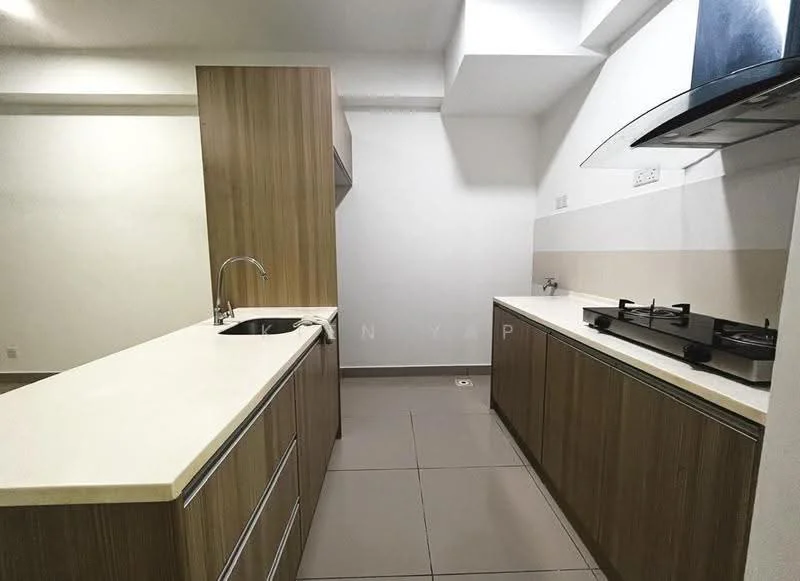Kitchen features: laminate cabinetry in wood finish, white quartz countertop, single-bowl stainless-steel sink, chrome pull-down faucet, 4-burner gas hob, built-in range hood, ceramic tile flooring, white painted walls, recessed downlights; style: modern.