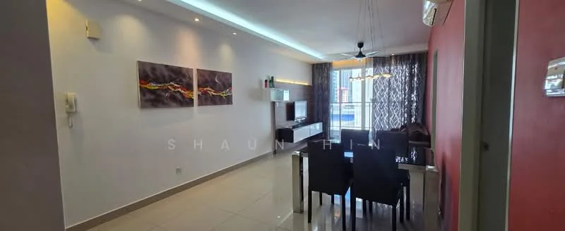 Living features: white painted walls, red accent wall, glossy tile flooring, ceiling with recessed lighting, 5-blade ceiling fan with light, wall-mounted TV, TV console, dining table with black chairs, floor-to-ceiling windows with sheer curtains, decorative artwork on walls, air conditioning unit; style: modern; view: city.