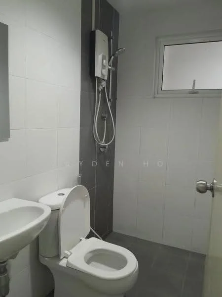 Bathroom features: white tiled walls, grey tiled flooring, single-sink vanity, one-piece toilet, shower with wall-mounted showerhead, window for natural light, mirror above sink, water heater unit; style: modern.