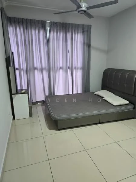 Bedroom features: queen-size bed, upholstered headboard, 2 pillows, floor-to-ceiling windows, sheer curtains, light grey walls, white tiled flooring, ceiling fan, TV console, wall-mounted TV; style: modern.