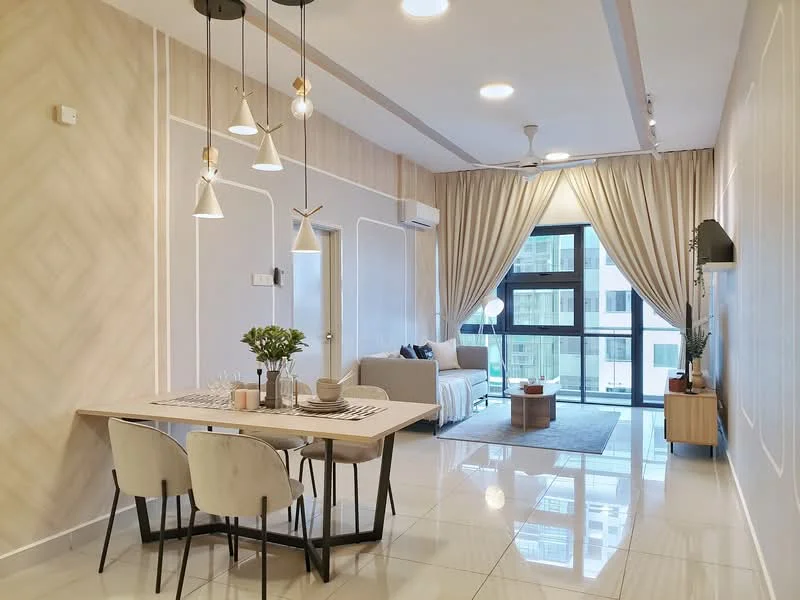 Living features: light grey fabric sofa, coffee table, area rug, wall-mounted TV, TV console, floor-to-ceiling windows, sheer curtains, recessed downlights, ceiling fan, decorative wall paneling, dining table with 4 chairs, decorative plants; style: modern; view: city.