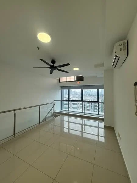 Room features: white painted walls, glossy ceramic tile flooring, 5-blade ceiling fan with light, floor-to-ceiling windows, sliding glass door, air conditioning unit, glass railing, natural light from windows; style: modern; view: city.