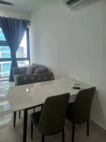 Dining features: marble dining table, 4 upholstered dining chairs, white painted walls, large window with city view, grey fabric sofa, floor-to-ceiling windows, air conditioning unit, ceramic tile flooring; style: modern; view: city.