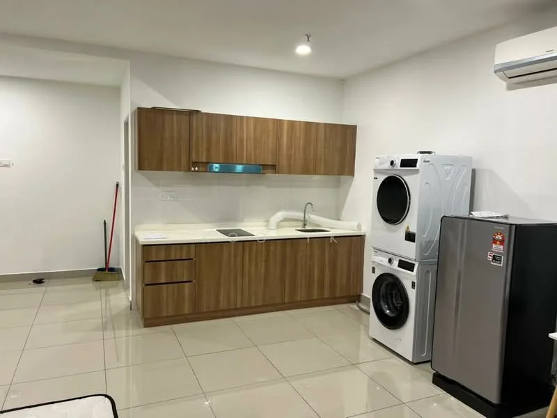 Kitchen features: wood cabinetry with brown finish, white countertop, single-bowl stainless-steel sink, chrome pull-down faucet, built-in oven, freestanding washing machine, freestanding dryer, stainless-steel fridge, ceramic tile flooring, recessed downlights, wall-mounted split AC; style: modern.