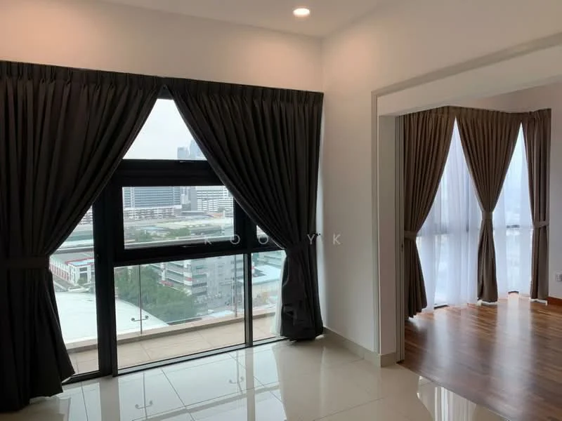 Room features: floor-to-ceiling windows, grey curtains, white walls, wood flooring, recessed downlights, city view, open layout, natural light; style: modern; view: city.