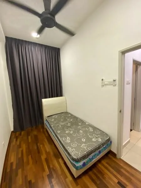 Bedroom features: single bed, upholstered headboard, dark wood flooring, white painted walls, grey curtains, 5-blade ceiling fan, doorway, light switch, tile flooring at entrance; style: modern.