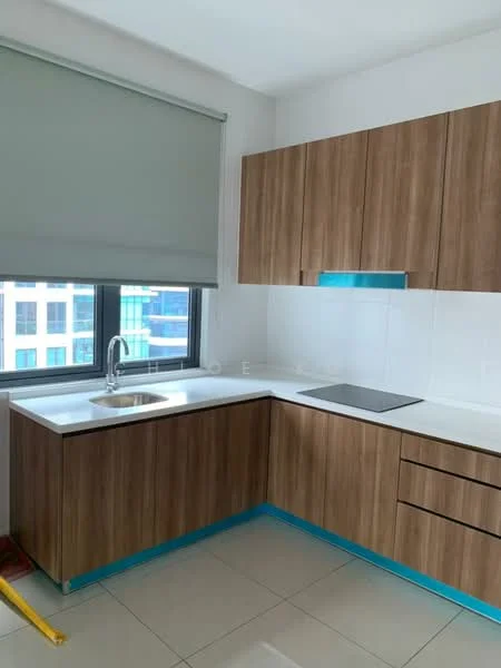 Kitchen features: single-bowl stainless-steel sink, chrome pull-down faucet, white quartz countertop, wood cabinetry with brown finish, flat-panel cabinets, stainless-steel cooktop, white tiled backsplash, light-colored tile flooring, roller blinds on window; style: modern; view: city.