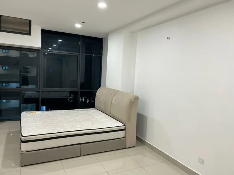 Bedroom features: queen-size bed frame without mattress, white painted walls, glossy tile flooring, floor-to-ceiling windows, curtain rod, built-in wardrobe, recessed downlights; style: modern; view: city.