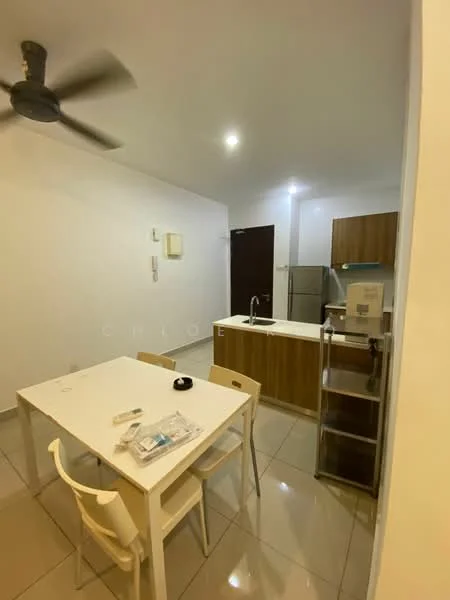Kitchen features: white walls, glossy tile flooring, 5-blade ceiling fan, recessed downlights, kitchen island with sink, stainless-steel fridge, wood cabinetry, white dining table, 4 white chairs, countertop with storage, open shelving, microwave, kettle; style: modern.