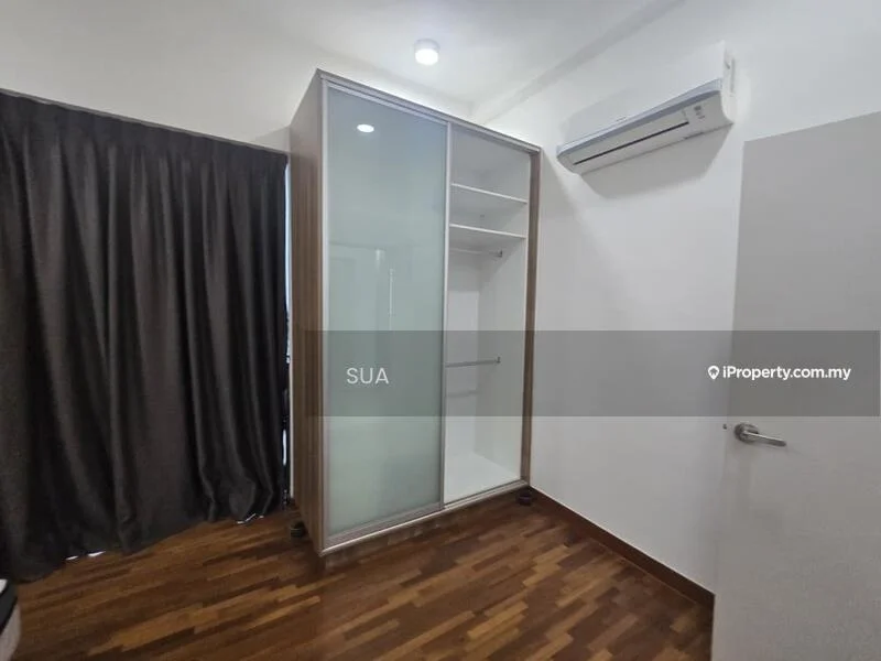 Bedroom features: built-in wardrobe with sliding glass doors, wooden flooring, 1 wall-mounted split AC, dark curtains, white walls, recessed ceiling lights; style: modern.