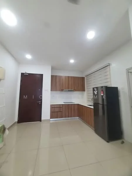 Kitchen features: brown wooden cabinetry, white countertop, stainless-steel fridge, built-in oven, ceramic tile flooring, recessed LED downlights, window with blinds, single-bowl stainless-steel sink, chrome pull-down faucet; style: modern.