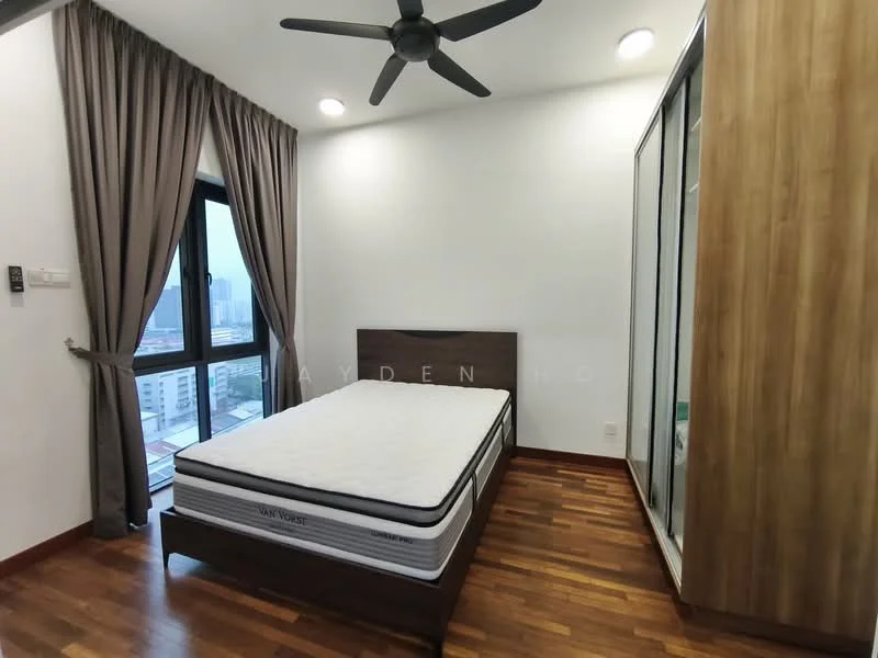 Bedroom features: queen-size bed, wooden bed frame, 5-blade ceiling fan with light, floor-to-ceiling window, grey curtains, wooden wardrobe with sliding doors, wooden flooring, white painted walls; style: modern; view: city.